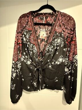 Free People Black Floral Tie-Front Blouse